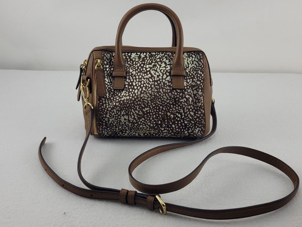 Vera Bradley Brown Feather Print Leather Purse Cowhair Small Crossbody Bag