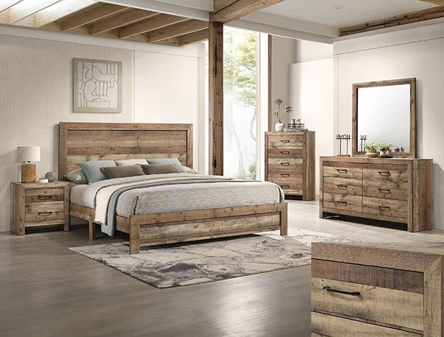 Brand New Rustic Natural Tone 4pc Queen Bedroom Set (Available In Eastern King)