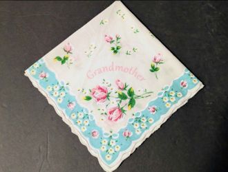 Grandmother Floral Handkerchief Pink Roses Blue Trim Vintage 14 x 14 NWT