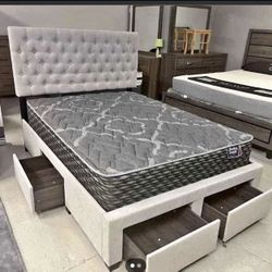 Light Grey Fabric BED w/ Storage Drawers 🩶🩶