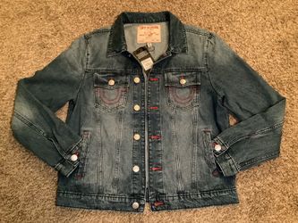 True Religion Logo Print Denim Jacket, color medium blue quartz wash, size: M