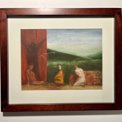 Mid-Century Modern Vintage Oil on Wood Painting Signed, Matted, Framed