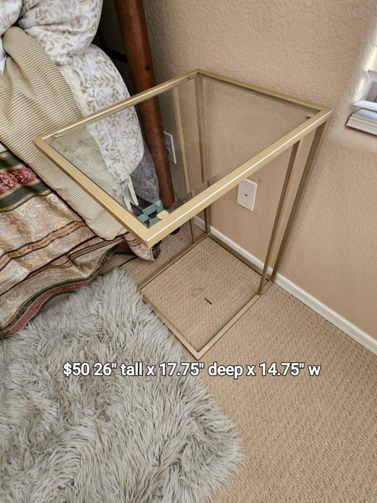 Velvet Setee, Hanging Mirror, 65" Panasonic TV, End Table, nightstand