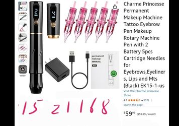 Charme Princesse Permanent Makeup Machine Tattoo Eyebrow Pen Makeup Rotary Machine Pen with 2 Battery 5pcs Cartridge Needles for Eyebrows,Eyeliners, L