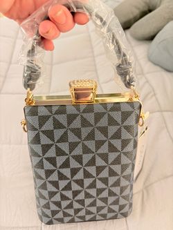 Gray Checkered Clutch Bag with Gold Clasp