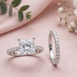 Silver Plated Cubic Zirconia Bridal Set - $75.00 💍 Beautiful princess cut engagement ring + matching eternity band! Sizes: 6, 7, 8, 9, 11 Available P