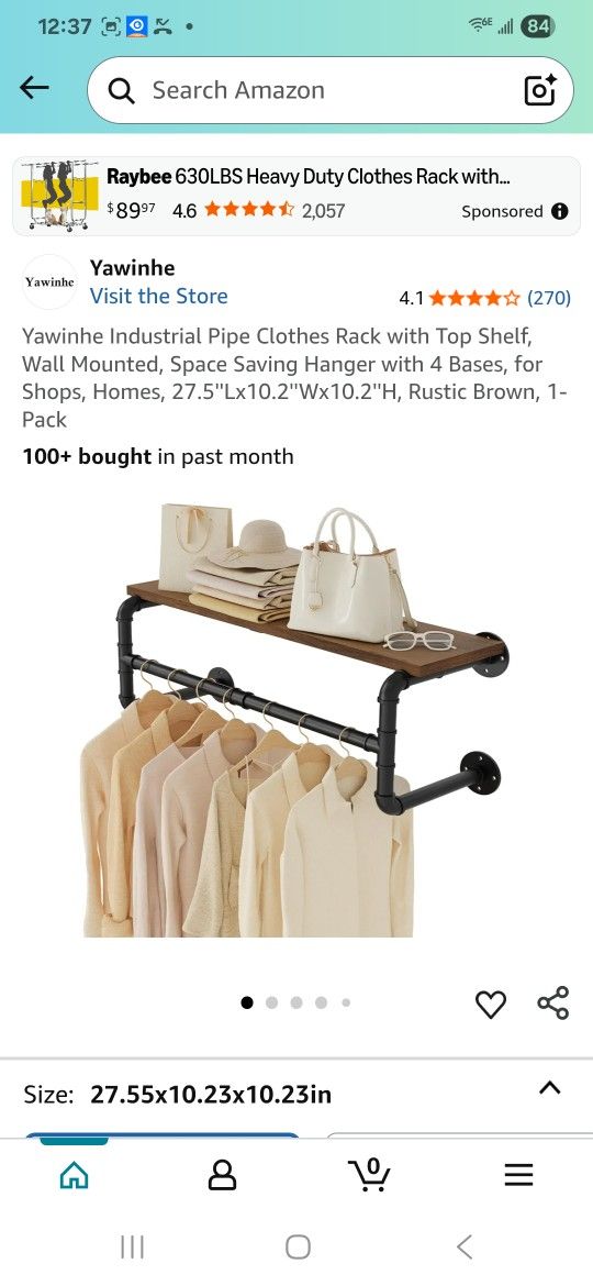 Industrial Pipe Clothes Rack with Top Shelf, Wall Mounted, Space Saving Hanger with 4 Bases, for Shops, Homes, 27.5"Lx10.2"Wx10.2"H, Rustic Brown, 1-