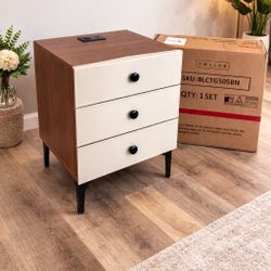 New YMCLUB Modern Nightstands Set of 2, Night Stand with 3 Large Drawers & Charging Station, Wood Bedside Table with Leather Surface, End Table for Be