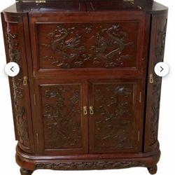 Mid Century Carved Ornate Chinese Rosewood Flip top  Dry Bar Cabinet