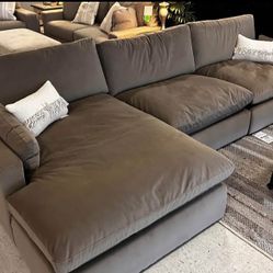 Cocoa Brown Velvet Puffy Soft Cozy Deep Seating Sectional Couch 
