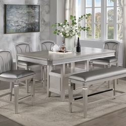 New 6PC Champagne Silver Finish Counter Dining Table With 4 Chairs & Bench 