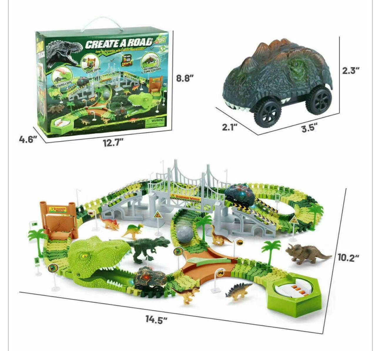305 PCs Dinosaur Road Race Set Flexible Train Tracks with 8 Dinosaurs Kid Gift