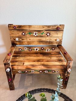 Handmade Rustic Floral Wood Bench / Loveseat
