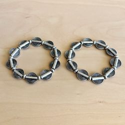 Pair of Silver Tone Metal Disc & Bar Design Stretch Bracelets