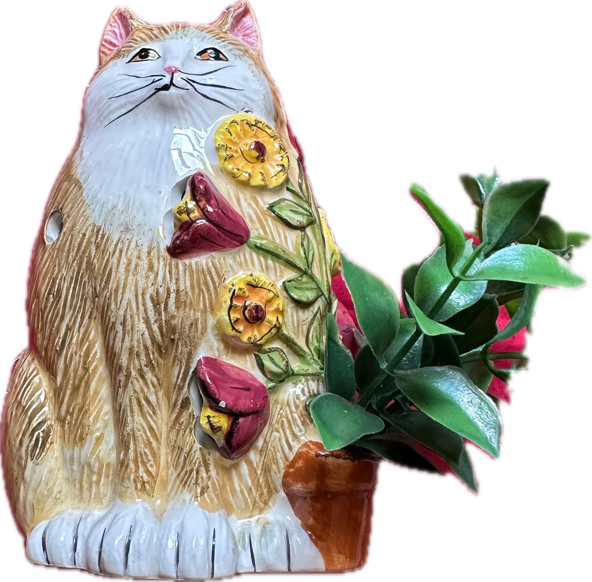 Vintage Ginger Orange Cat Floral Candle Holder with Plant
