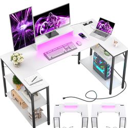 U Shaped Computer Desk with Power Strip & LED Strip & Monitor StandQAq