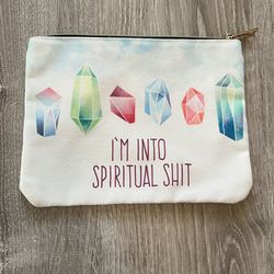 Attic Salt I’m Into Spiritual $hit White Zip Fly 9X7 Make-Up Bag Green Crystals
