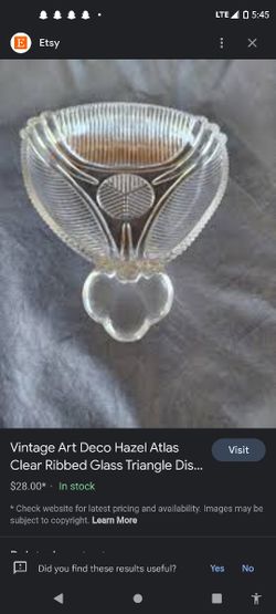 1940's Vintage Art Deco Hazel Atlas Triangle Ribbed Clear Glass Dish With Tab Handle