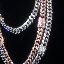 Rare Red Rose 🌹 Gold 26" & White Silver 26" 18" Rapper Stack 3pc Lab Diamond Two 26" Long &  One 18" Shorty Cuban Link Chains 💎🧊🎶🥰