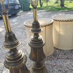 Brass Lamps  Antique  " Pair With Silk Shades 