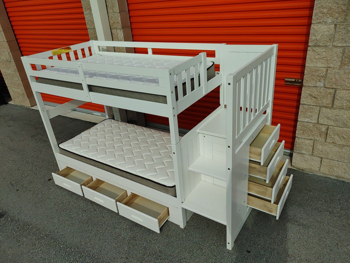 White Bunk Bed with Drawers and 2 Mattresses( barely used) - GREAT CONDITION- DELIVERY NEGOTIABLE