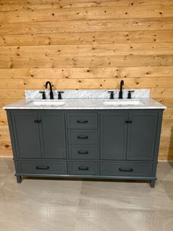 NEW 61” Double Sink Bathroom Vanity – Stone Top