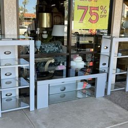 Modern Tv Stand With Two Gray and Glass Shelves Entertainment Center