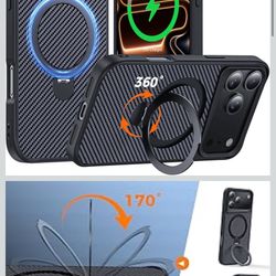 Designed for iPhone 17 Pro Case with 360° Magnetic Stand, Carbon Fiber Phone Case [Compatible with Magsafe] [15FT Military Protection] with Stand Ring