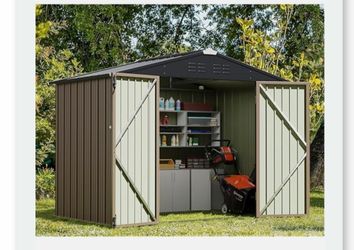 Greesum 8x6FT Outdoor Storage Shed, Utility Tool Shed with Sloping Roof, Metal Storaged Garden Shed with Door & Lock for Patio Storage, Brown