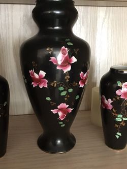 Vases- 3- antique w/ gold, hand painted. Price is for set of 2 small & 1 large.
