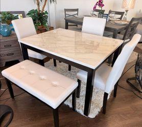 modern white faux marble dining table set with 3 chairs & padded bench - 5 piece