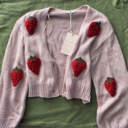 Pink strawberry cardigan with red strawberries Size M 