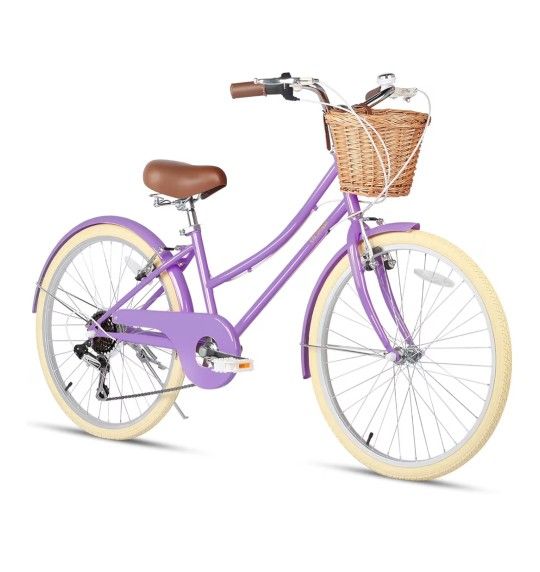 Bicicleta híbrida 6 velocidades, Glerc Missy Girl Cruiser COLOR PURPURA con cesta de mimbre cambios SHIMANO. NUEVA EN CAJA SIN DESTAPAR