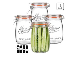 Wide Mouth Glass Jars with Airtight Lid 32OZ 4 Pack, Kitchen Storage Large Clear Canister Jars with Hinged Lid with Measurement Marks