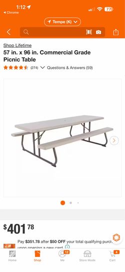 Lifetime 57 in. × 96 in. Commercial Grade Picnic Table New $260