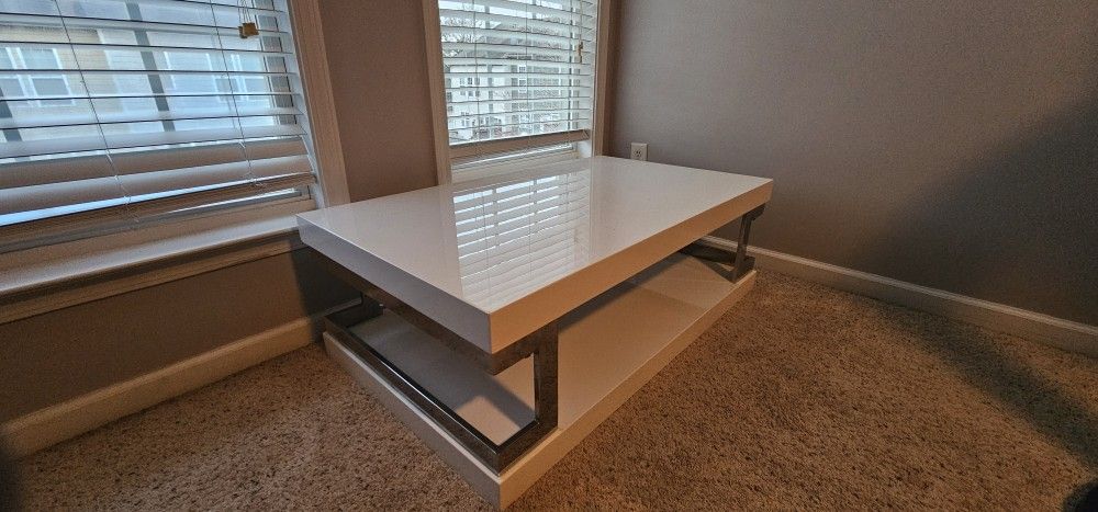 White Table with Metal Brackets