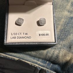 silver earrings with 1/10 CT . TW Lab Diamonds
