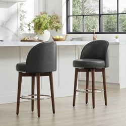 Counter Height Bar Stools Set of 2,Swivel Barstools for Kitchen Island,26.4" H Seat Height,Faux Leather,Retro Grey 
