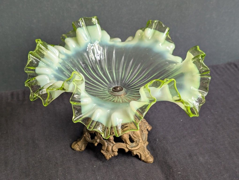 Victorian Ruffled Green Opalescent Glass Bowl w/ Base Centerpiece Bride's Basket