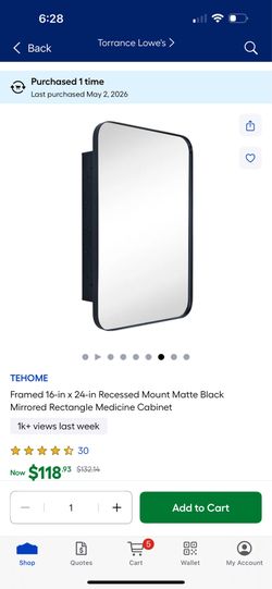 TEHOME 9.0 Framed 16-in x 24-in Recessed Mount Matte Black Mirrored Rectangle Medicine Cabinet
