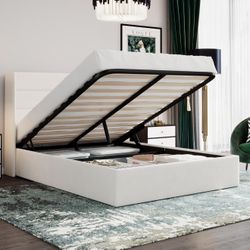 White Velvet Queen Size Bed Frame With Lift Top Storage