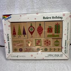 Retro Holiday Ornaments NOEL Merry & Bright Wood Mounted Stamp Rubber Stampede