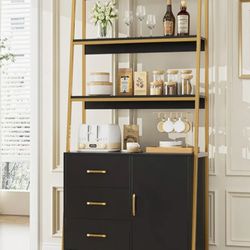 HITHOS Tall Bookshelf, Industrial Console Table with Drawers and Ladder Shelves, Free Standing Storage Cabinet Kitchen Bakers Rack with