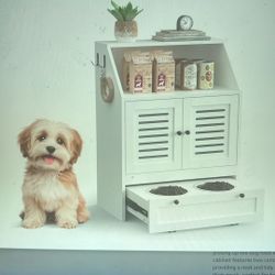 NEW Dog Feeding Station. Food Cabinet Furniture w/2 Dog Raised Bowls, Pet Food Storage Pet Feeder Cabinet Container for Feeding&Watering Supplie