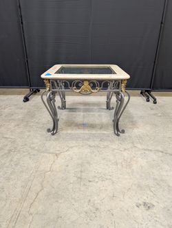 Stone Top Glass Insert Side Table with Scrollwork Metal Base