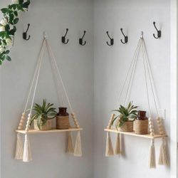 2pcs Macrame Hanging Shelves Set, Beaded Tassel Rope Wall Shelves, Girly Boho Floating Shelves, Indoor Bedroom Living Room Wall Mounted Shelv