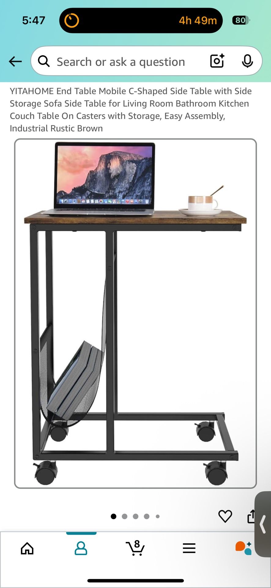 End Table Mobile C-Shaped Side Table with Side Storage