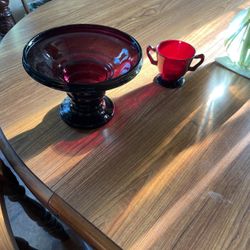 Vintage Red Sugar Bowl And Fruit Bowl