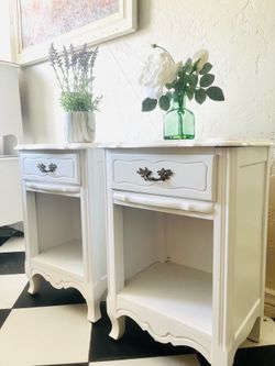 Two French provincial white 2 nightstands bedside tables