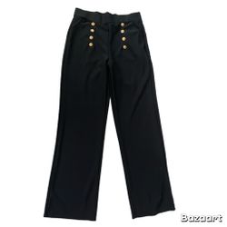 Sz XL Black Stretch Palazzo Sailor Pants Soft Gold Buttons New